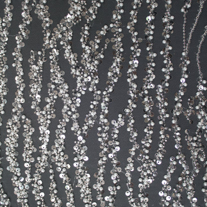 Haute Couture Tulle | Bridal Embroidered Tulle with Sequins, Beads & Seed Beads in Wavy Pattern | TRW3360
