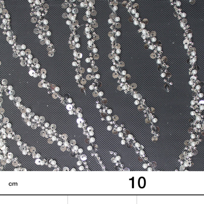 Haute Couture Tulle | Bridal Embroidered Tulle with Sequins, Beads & Seed Beads in Wavy Pattern | TRW3360