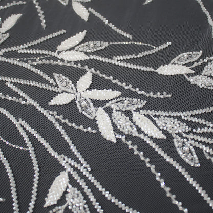 Haute Couture Tulle | Bridal Embroidered Tulle with Sequins, Pearls, Seed Beads & Leaf Sprays | TRW3656