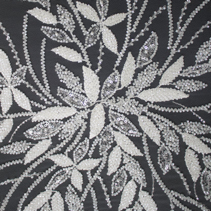 Haute Couture Tulle | Bridal Embroidered Tulle with Sequins, Pearls, Seed Beads & Leaf Sprays | TRW3656