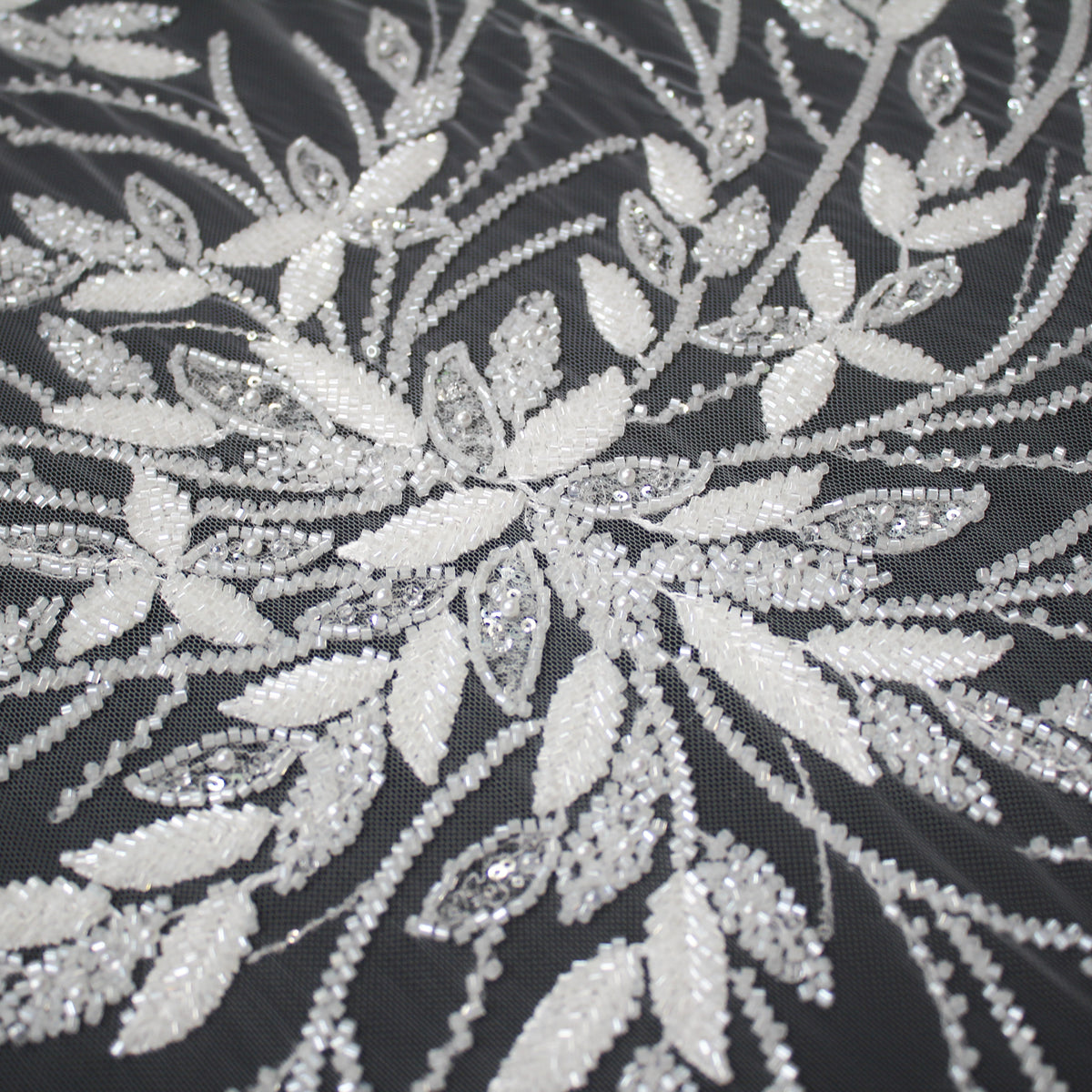 Haute Couture Tulle | Bridal Embroidered Tulle with Sequins, Pearls, Seed Beads & Leaf Sprays | TRW3656