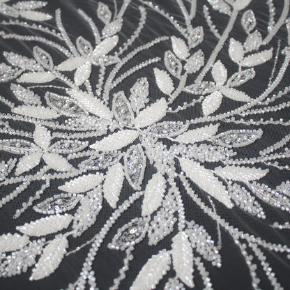 Haute Couture Tulle | Bridal Embroidered Tulle with Sequins, Pearls, Seed Beads & Leaf Sprays | TRW3656