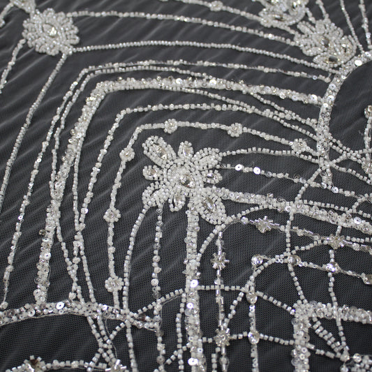 Haute Couture Tulle | Bridal Embroidered Tulle with Pearls, Sequins, Seed Beads & Large Strass in Abstract Arches | TRW4068