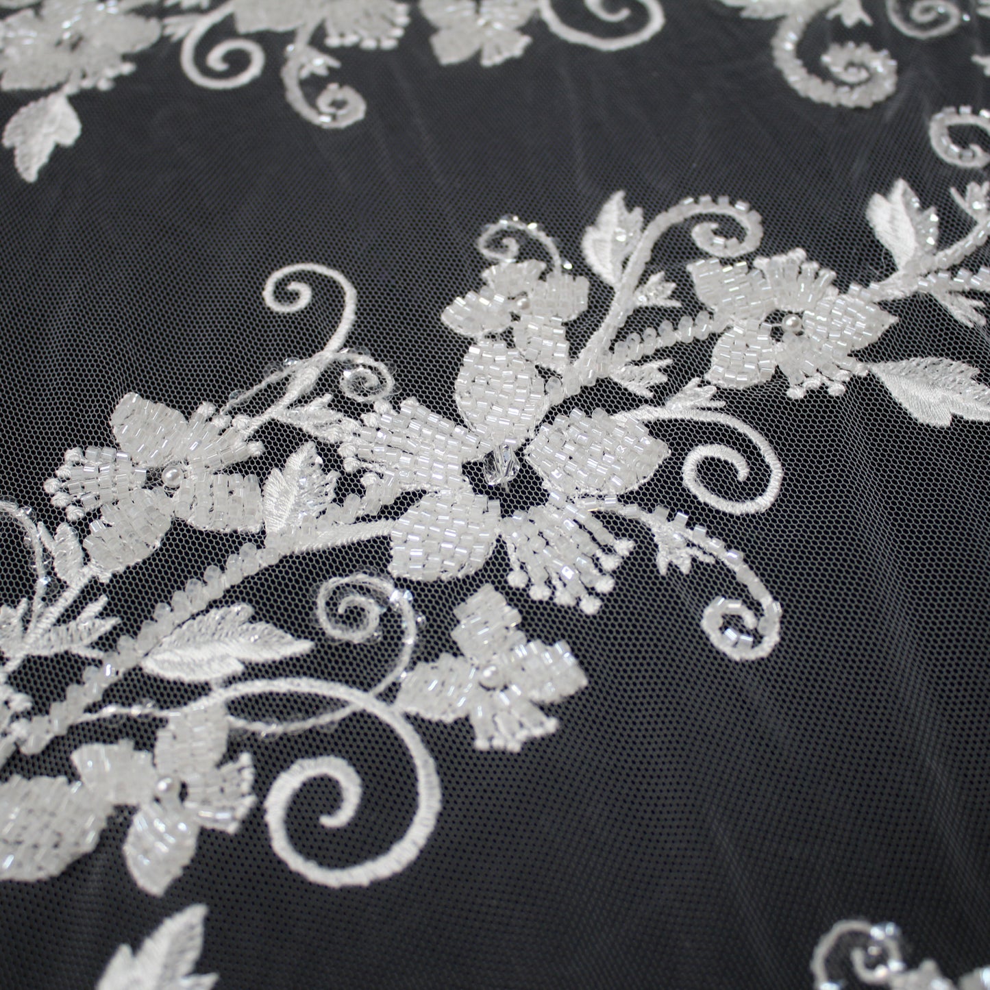 Haute Couture Tulle | Bridal Embroidered Tulle with Floral Sprays & Seed Beads | TRW3169