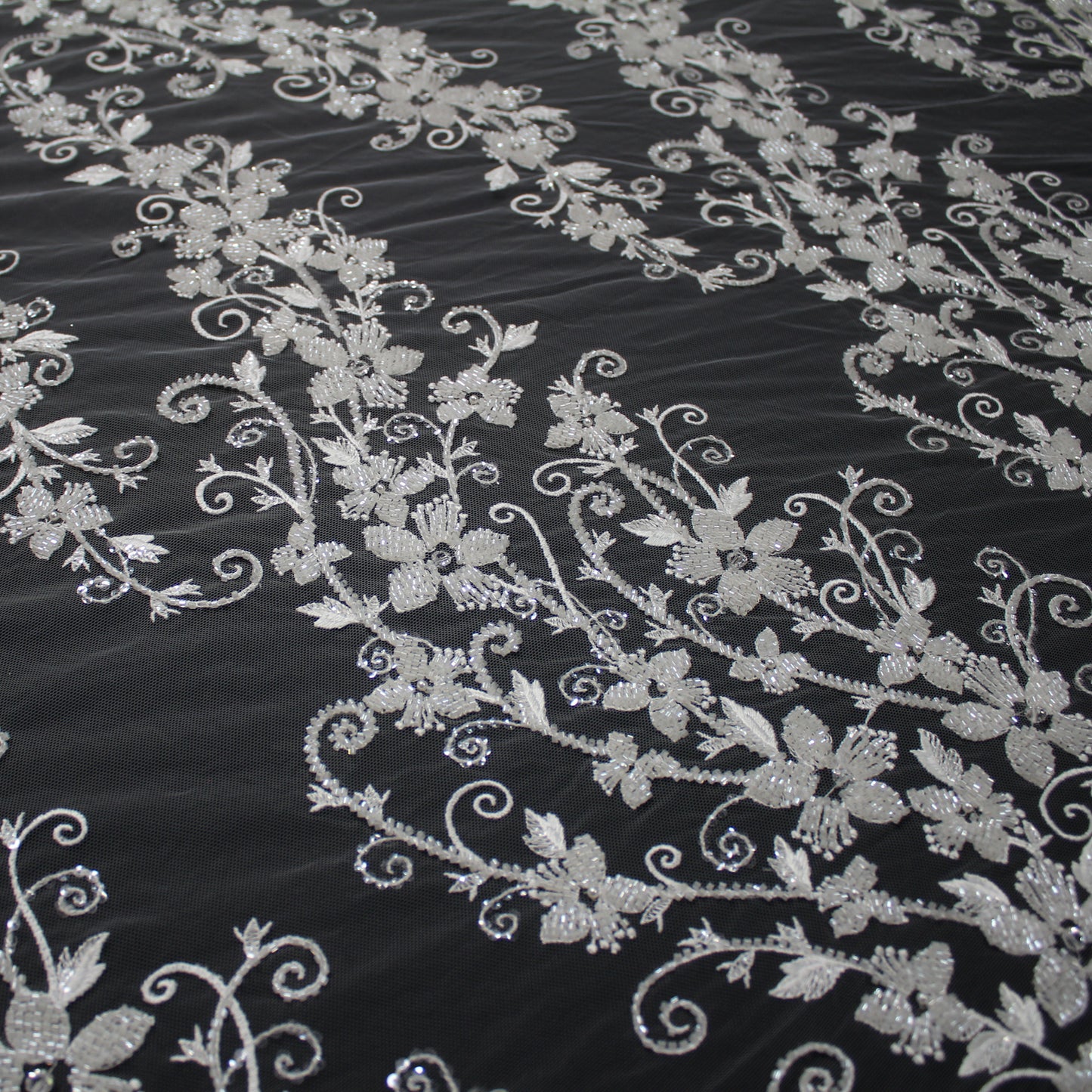 Haute Couture Tulle | Bridal Embroidered Tulle with Floral Sprays & Seed Beads | TRW3169