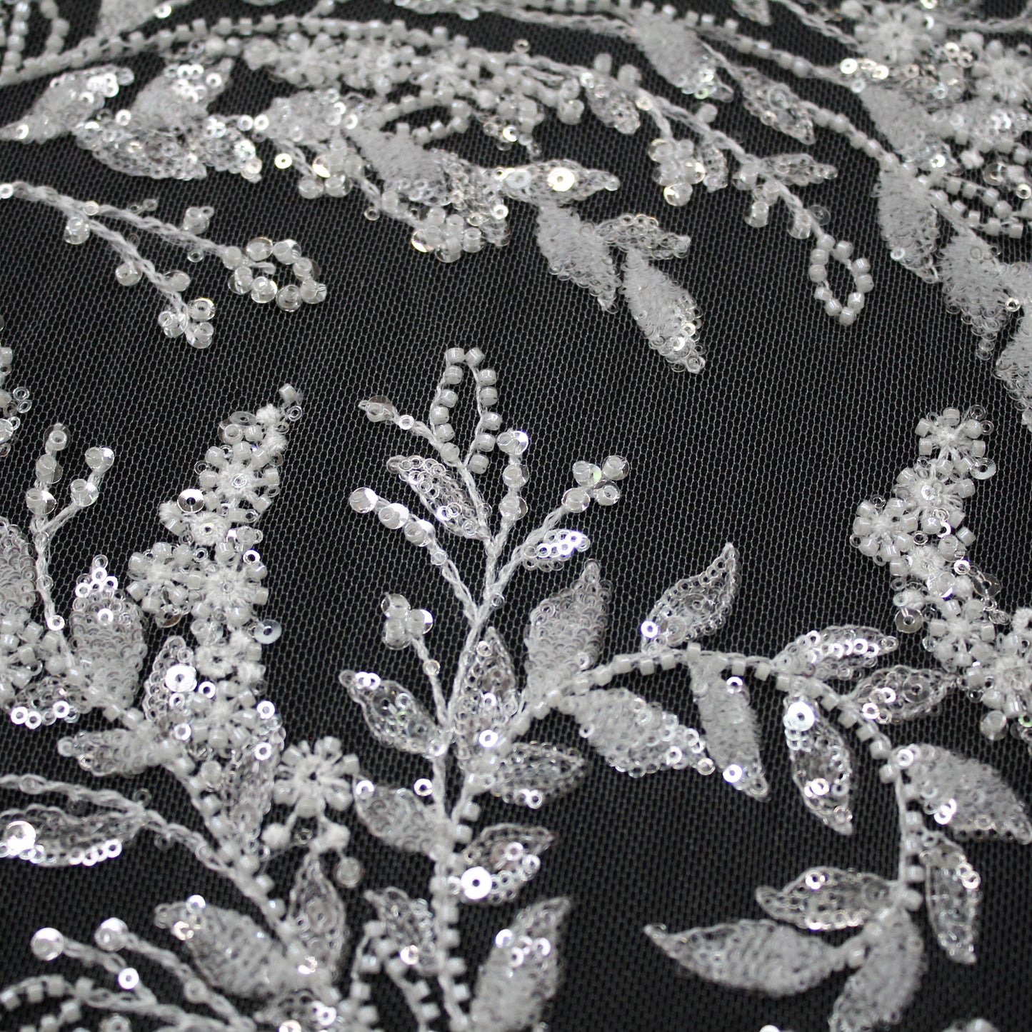 Haute Couture Tulle | Bridal Embroidered Tulle with Sequins, Seed Beads & Diamond Leaf Sprays | TRW3676