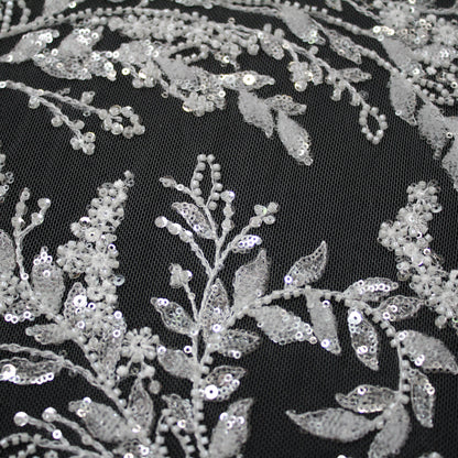 Haute Couture Tulle | Bridal Embroidered Tulle with Sequins, Seed Beads & Diamond Leaf Sprays | TRW3676