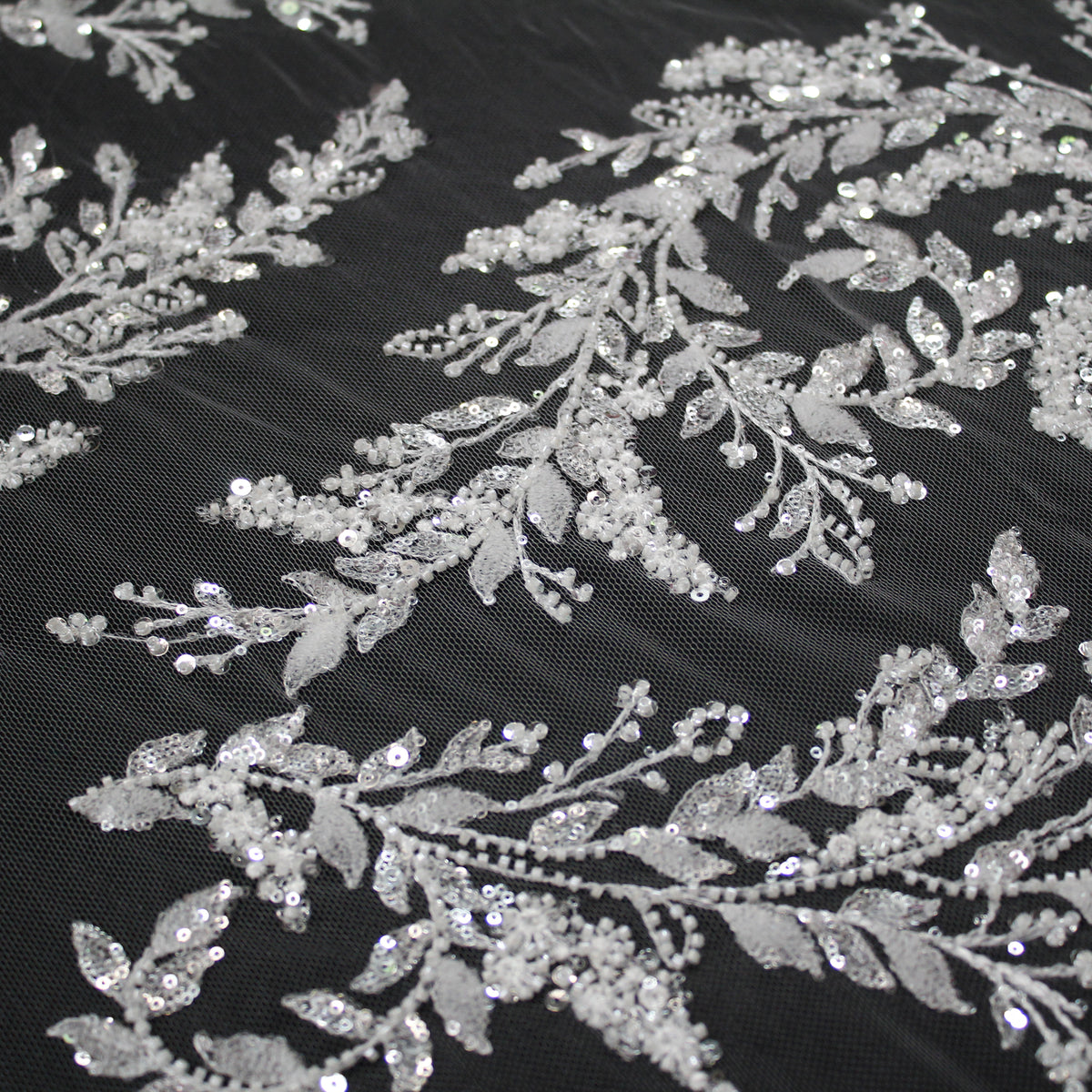 Haute Couture Tulle | Bridal Embroidered Tulle with Sequins, Seed Beads & Diamond Leaf Sprays | TRW3676