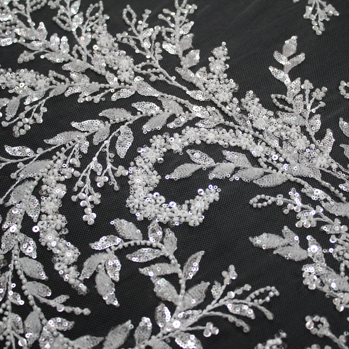 Haute Couture Tulle | Bridal Embroidered Tulle with Sequins, Seed Beads & Diamond Leaf Sprays | TRW3676