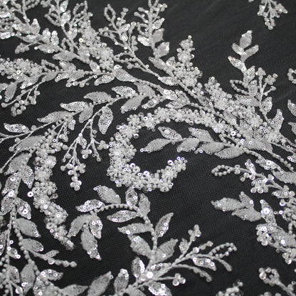 Haute Couture Tulle | Bridal Embroidered Tulle with Sequins, Seed Beads & Diamond Leaf Sprays | TRW3676
