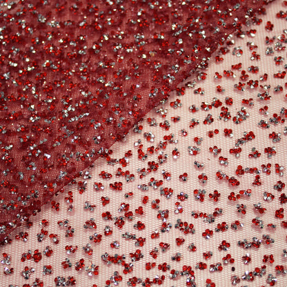 Tulle Ricamato con Strass Bicolore a Campo Pieno
